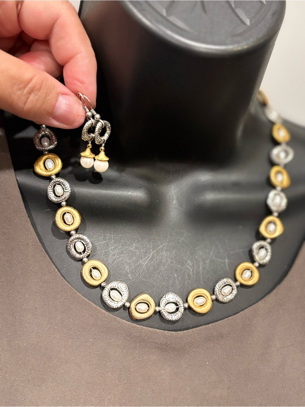 Brighton Two-Tone Gold and Silver Disc Necklace with Matching Drop Earrings
